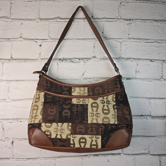 Etienne Aigner Brown and Tan Monogram Shoulder Bag - Picture 3 of 12
